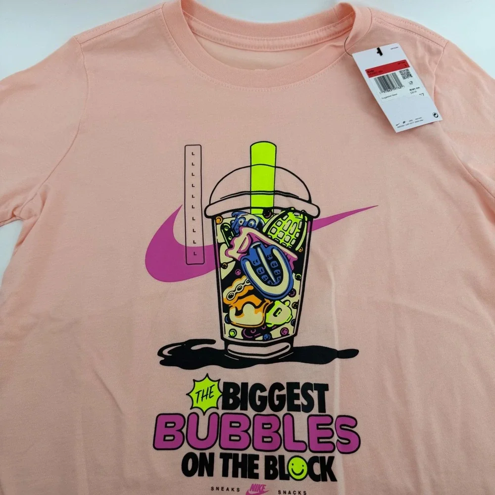 Nike Tee Graphic T Shirt Pink Bubble Drink Sneakers Snacks Size L NWT